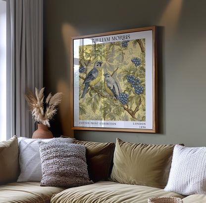 William Morris Style Birds & Berries Print – Yellow Botanical Square Wall Art