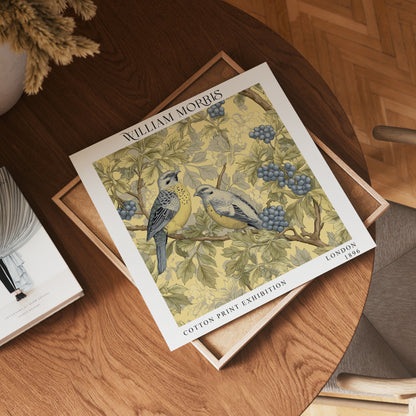 William Morris Style Birds & Berries Print – Yellow Botanical Square Wall Art
