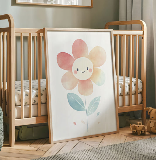 Smiling pastel flower nursery wall art with pink peach and blue petals