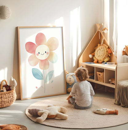 Smiling pastel flower nursery print displayed in a bright child's room