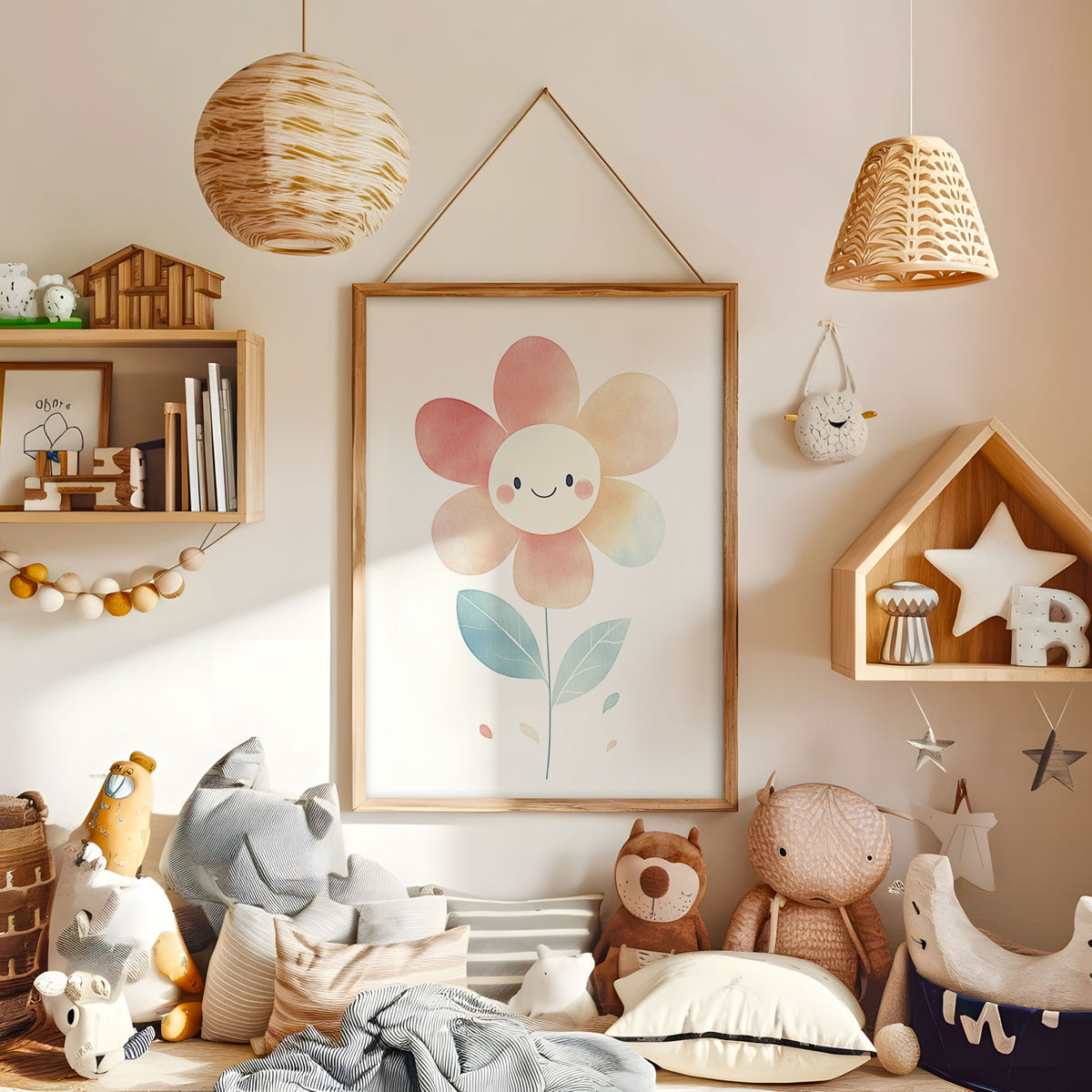 Cute smiling flower wall art displayed in a warm kids bedroom