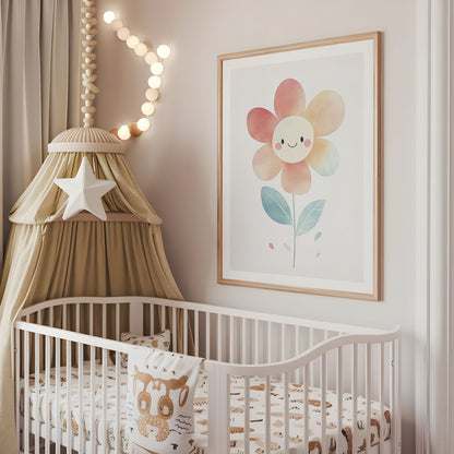 Pastel smiling flower nursery wall art displayed above a cot