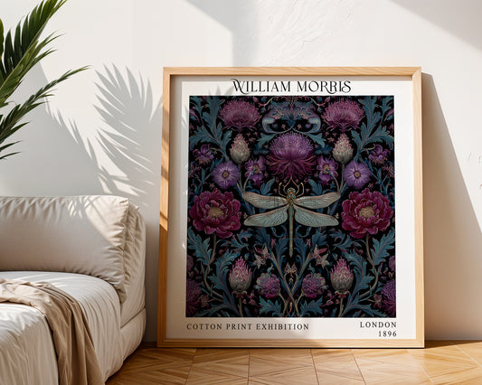 William Morris Style Dragonfly & Thistle Print – Purple Botanical Square Wall Art