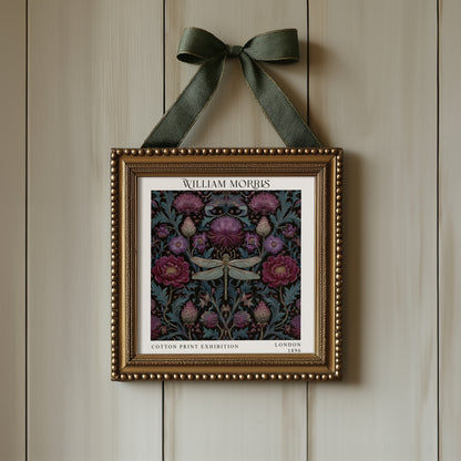 William Morris Style Dragonfly & Thistle Print – Purple Botanical Square Wall Art