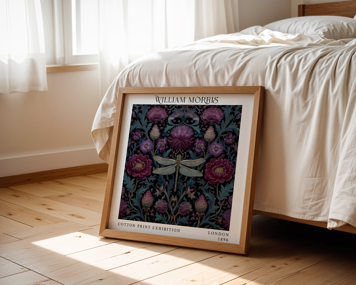 William Morris Style Dragonfly & Thistle Print – Purple Botanical Square Wall Art