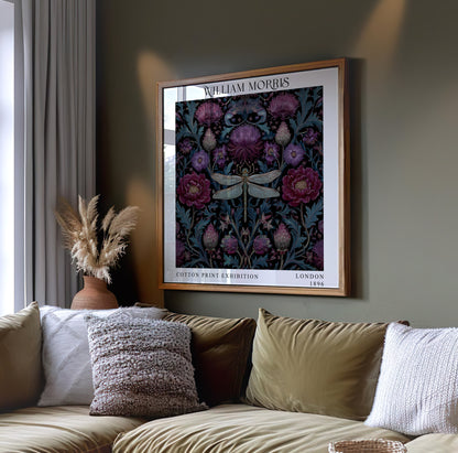 William Morris Style Dragonfly & Thistle Print – Purple Botanical Square Wall Art