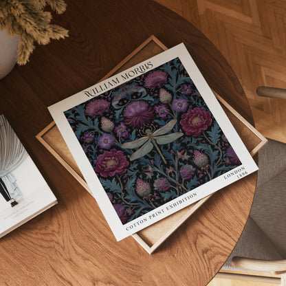 William Morris Style Dragonfly & Thistle Print – Purple Botanical Square Wall Art