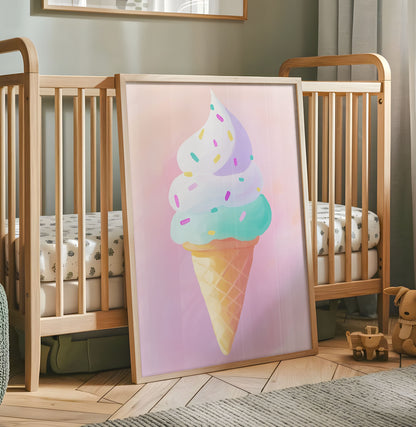 Pastel ice cream cone nursery wall art with colourful sprinkles on a pink background