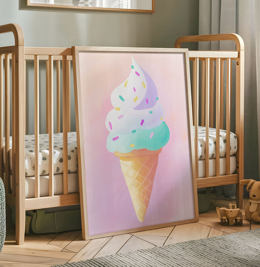 Pastel ice cream cone nursery wall art with colourful sprinkles on a pink background