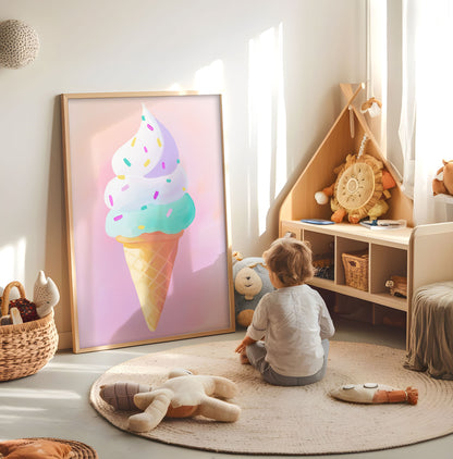 Pastel ice cream cone nursery print displayed in a bright child's room