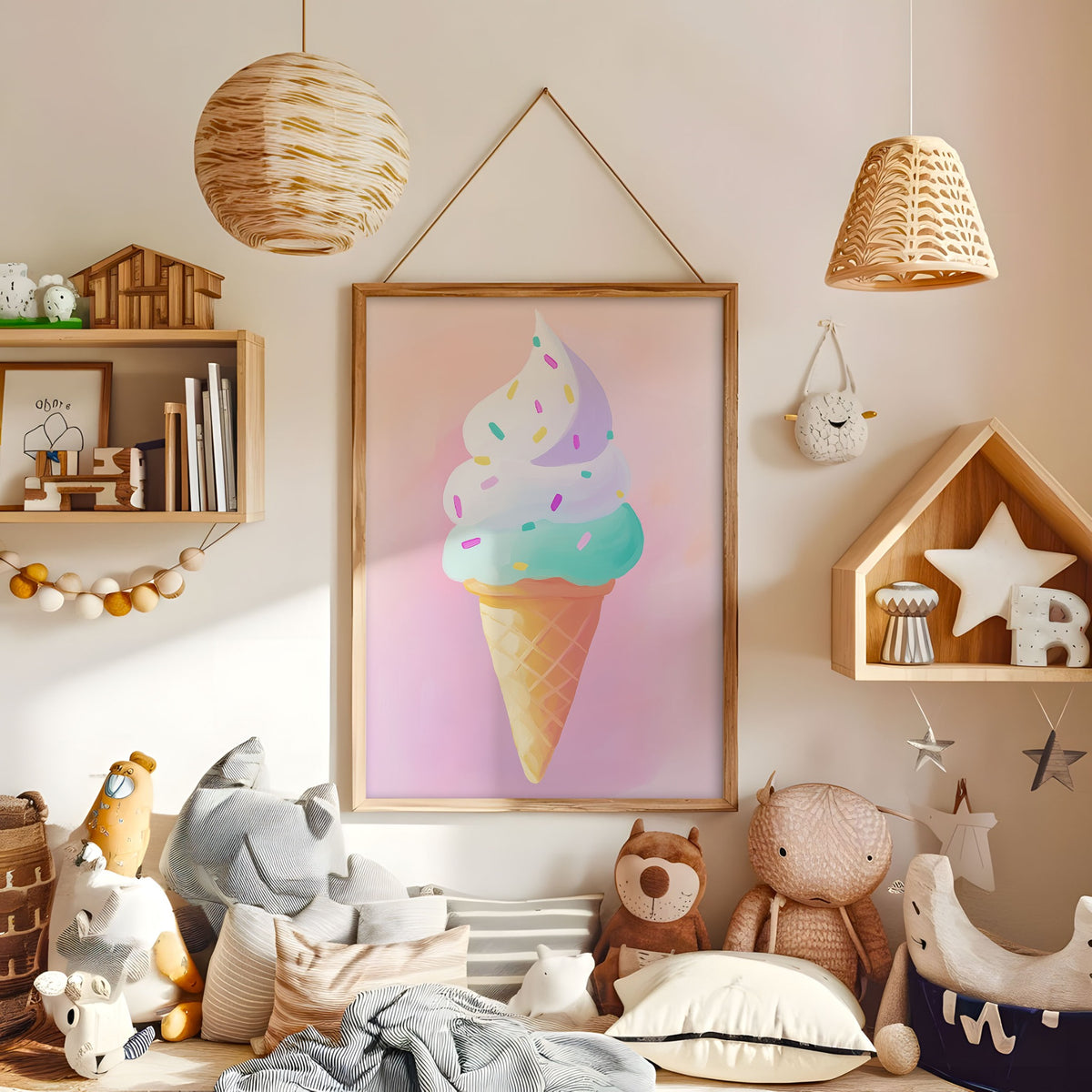 Colourful sprinkle ice cream wall art displayed in a warm kids bedroom