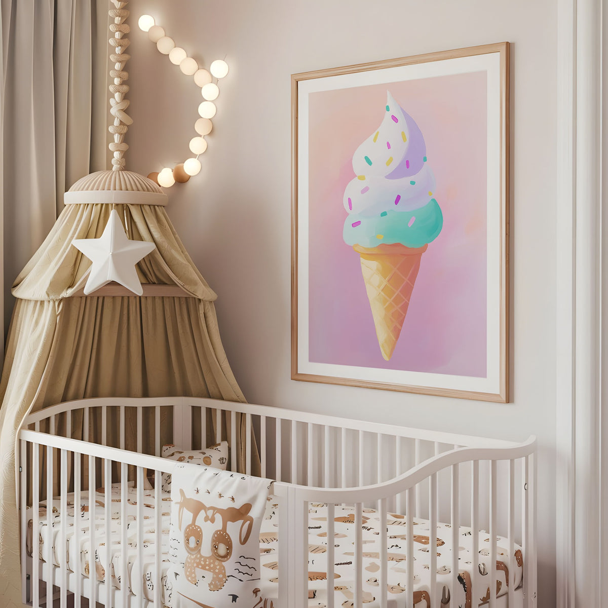 Pastel ice cream cone nursery wall art displayed above a cot