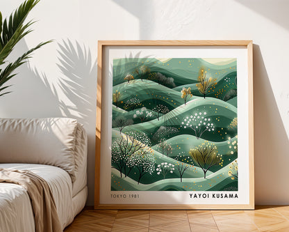 Yayoi Kusama Inspired Green Rolling Hills Print | Japanese Botanical Landscape Wall Art