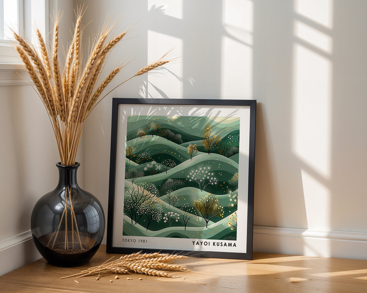 Yayoi Kusama Inspired Green Rolling Hills Print | Japanese Botanical Landscape Wall Art