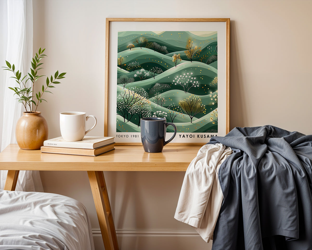 Yayoi Kusama Inspired Green Rolling Hills Print | Japanese Botanical Landscape Wall Art