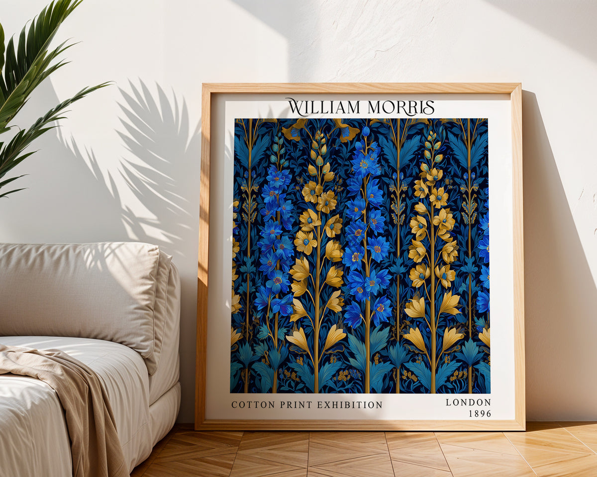 William Morris Style Blue & Gold Floral Print – Botanical Square Wall Art