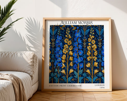 William Morris Style Blue & Gold Floral Print – Botanical Square Wall Art
