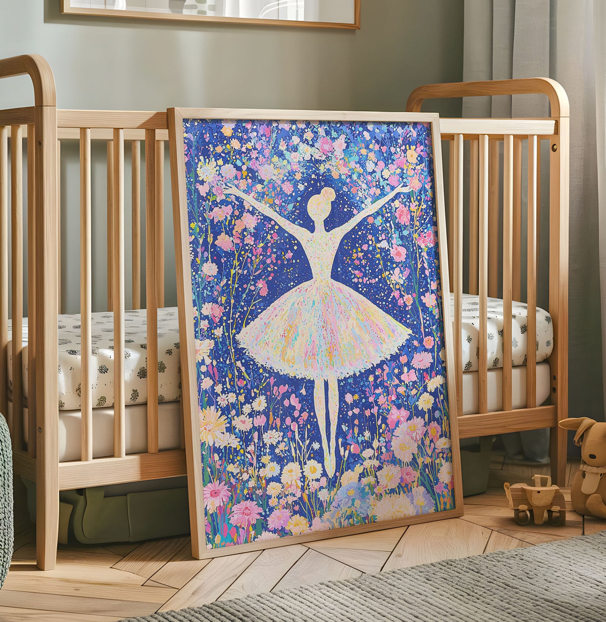 Colourful floral ballerina nursery wall art on a deep blue background