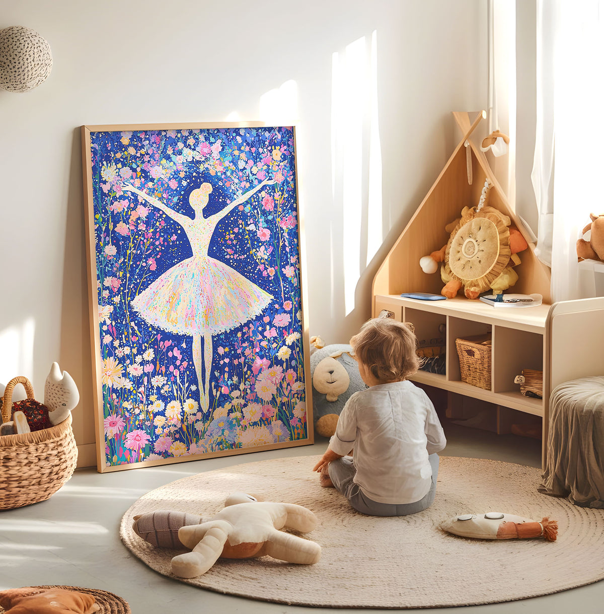 Colourful ballerina flower nursery print displayed in a bright child's room