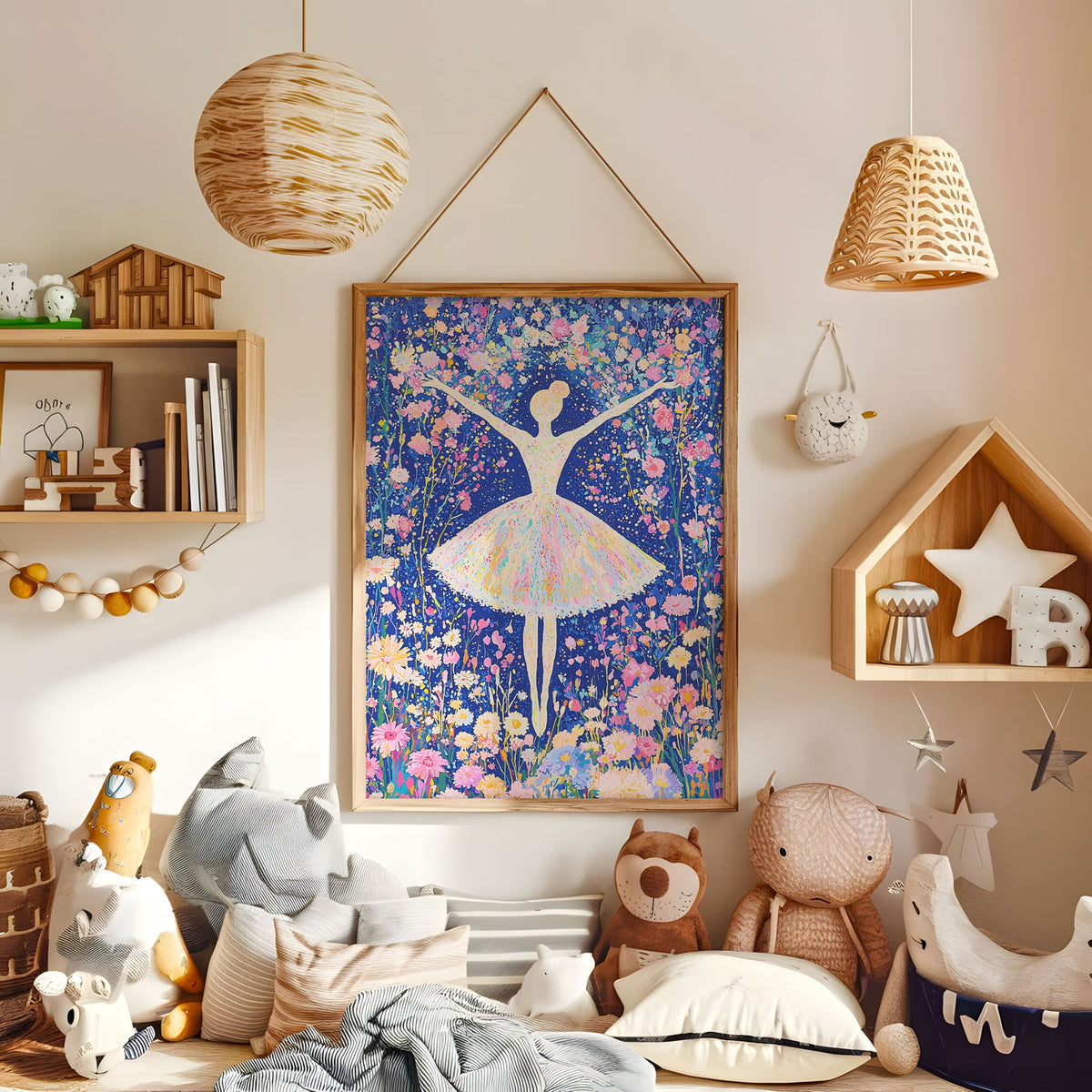 Floral ballet dancer wall art displayed in a warm kids bedroom
