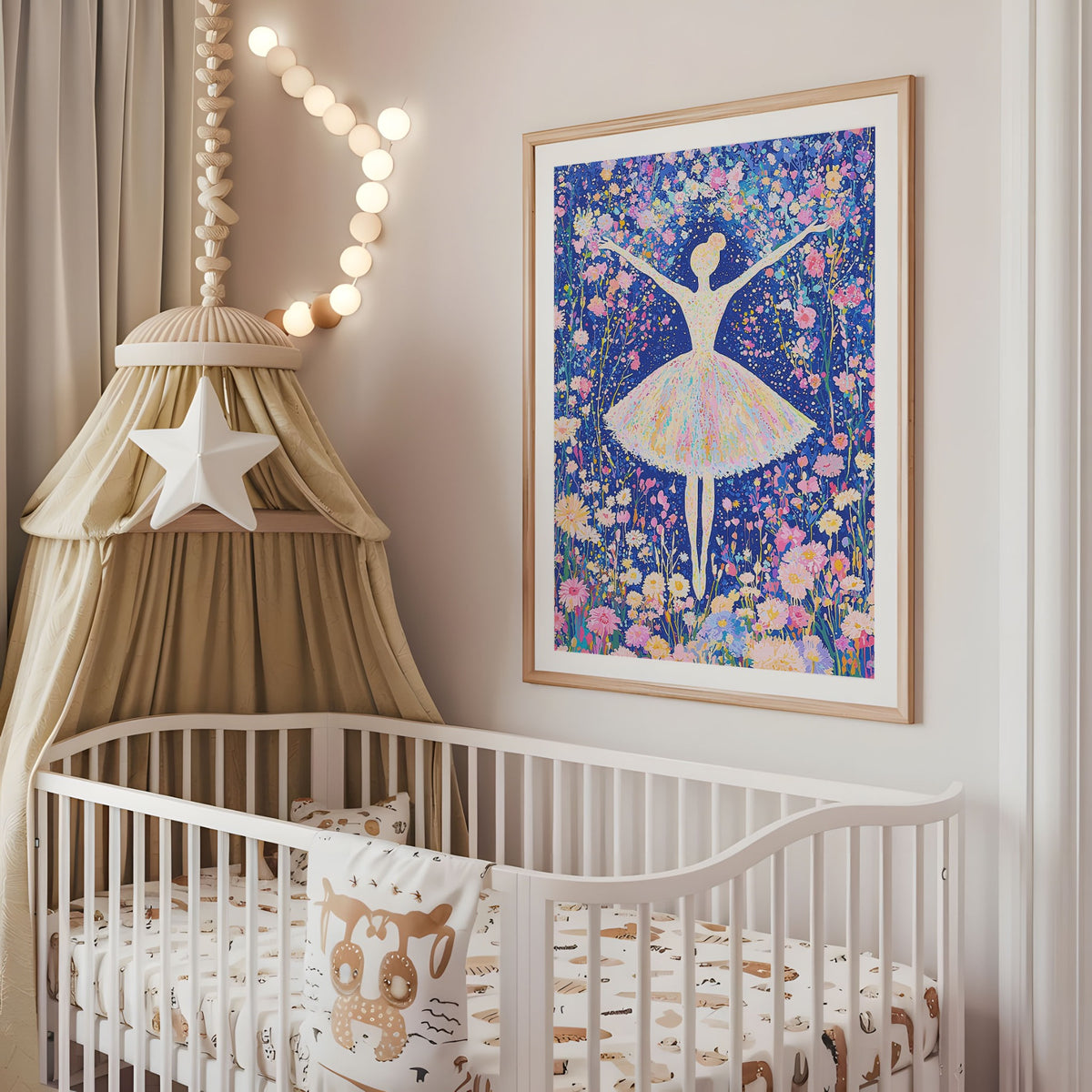 Colourful ballerina nursery wall art displayed above a cot