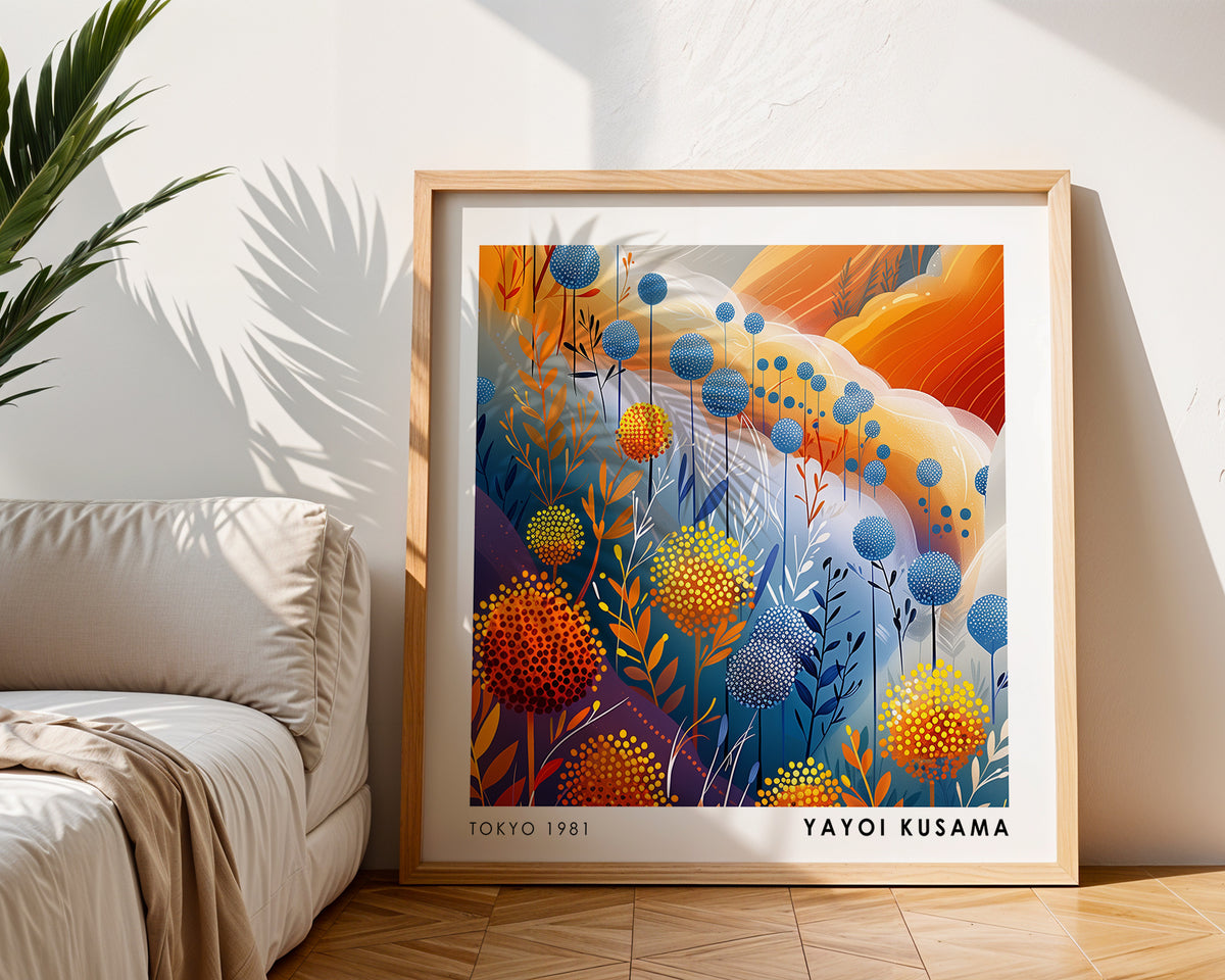 Yayoi Kusama Inspired Dotted Botanical Garden Print | Orange Blue Japanese Floral Wall Art