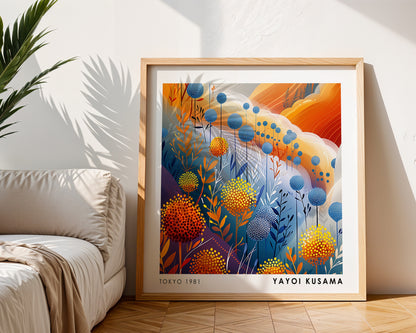 Yayoi Kusama Inspired Dotted Botanical Garden Print | Orange Blue Japanese Floral Wall Art