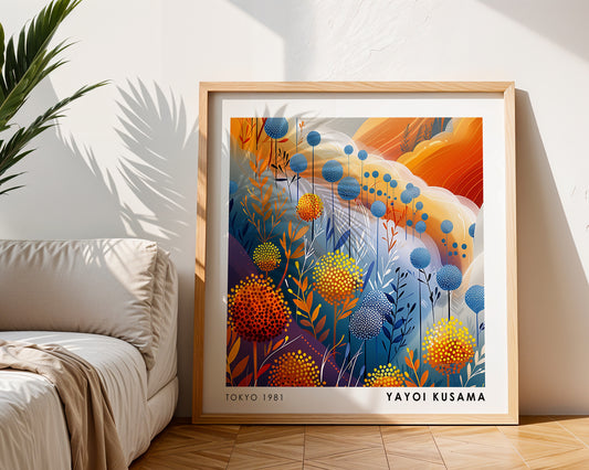 Yayoi Kusama Inspired Dotted Botanical Garden Print | Orange Blue Japanese Floral Wall Art