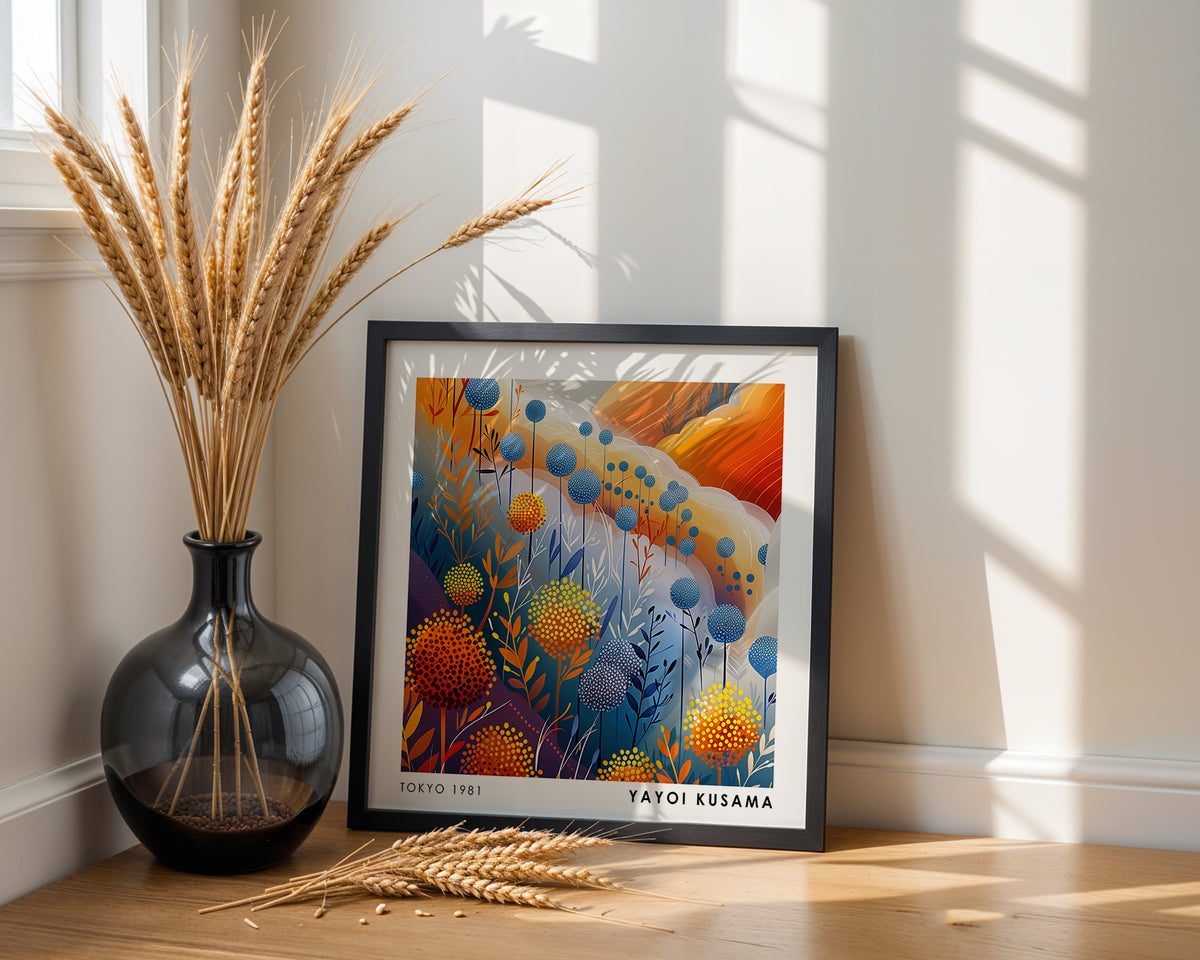 Yayoi Kusama Inspired Dotted Botanical Garden Print | Orange Blue Japanese Floral Wall Art