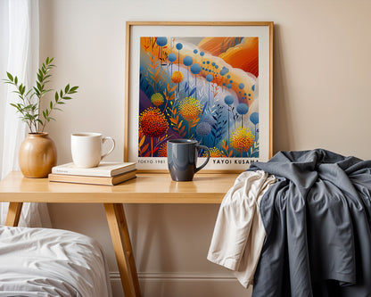 Yayoi Kusama Inspired Dotted Botanical Garden Print | Orange Blue Japanese Floral Wall Art