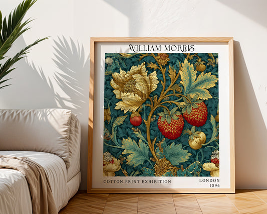 William Morris Style Strawberry & Gold Floral Print – Teal Botanical Square Wall Art
