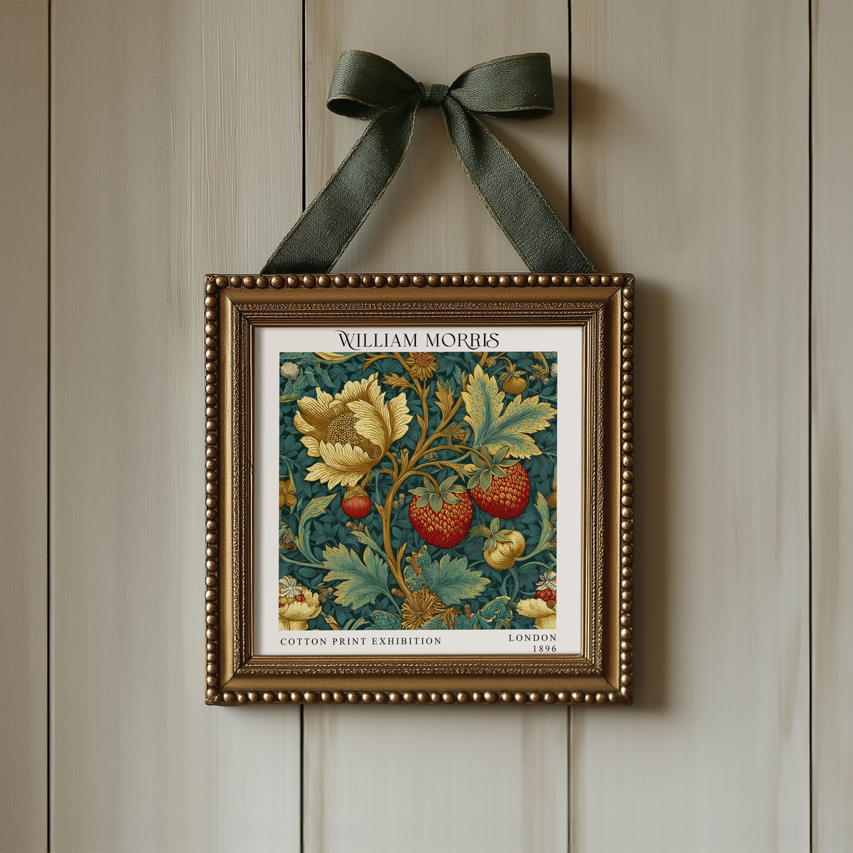 William Morris Style Strawberry & Gold Floral Print – Teal Botanical Square Wall Art