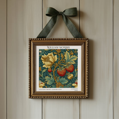 William Morris Style Strawberry & Gold Floral Print – Teal Botanical Square Wall Art