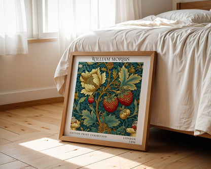 William Morris Style Strawberry & Gold Floral Print – Teal Botanical Square Wall Art