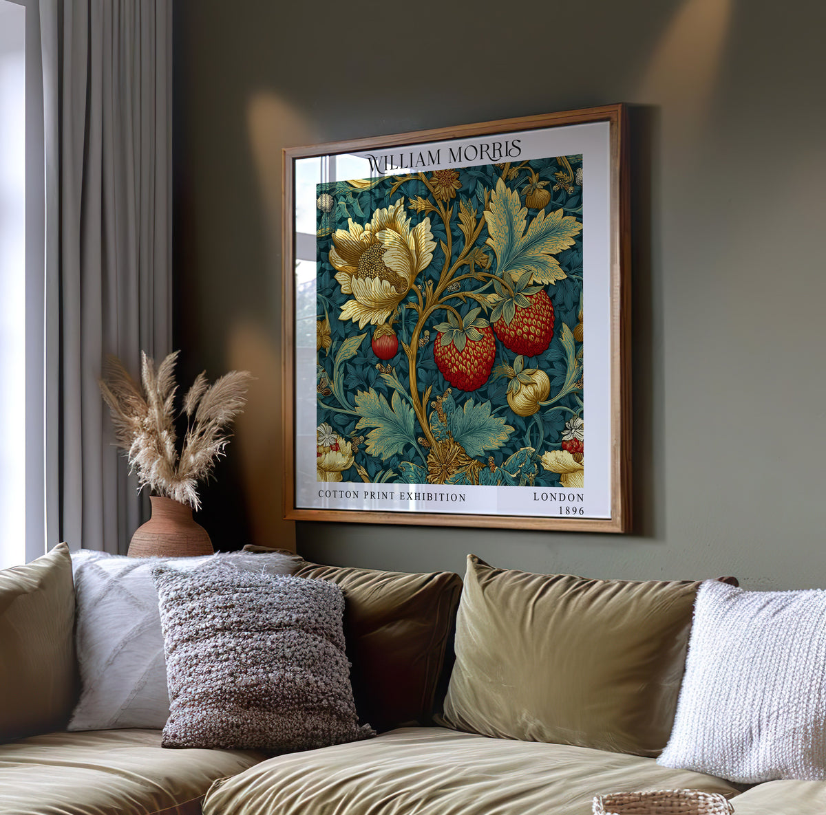 William Morris Style Strawberry & Gold Floral Print – Teal Botanical Square Wall Art