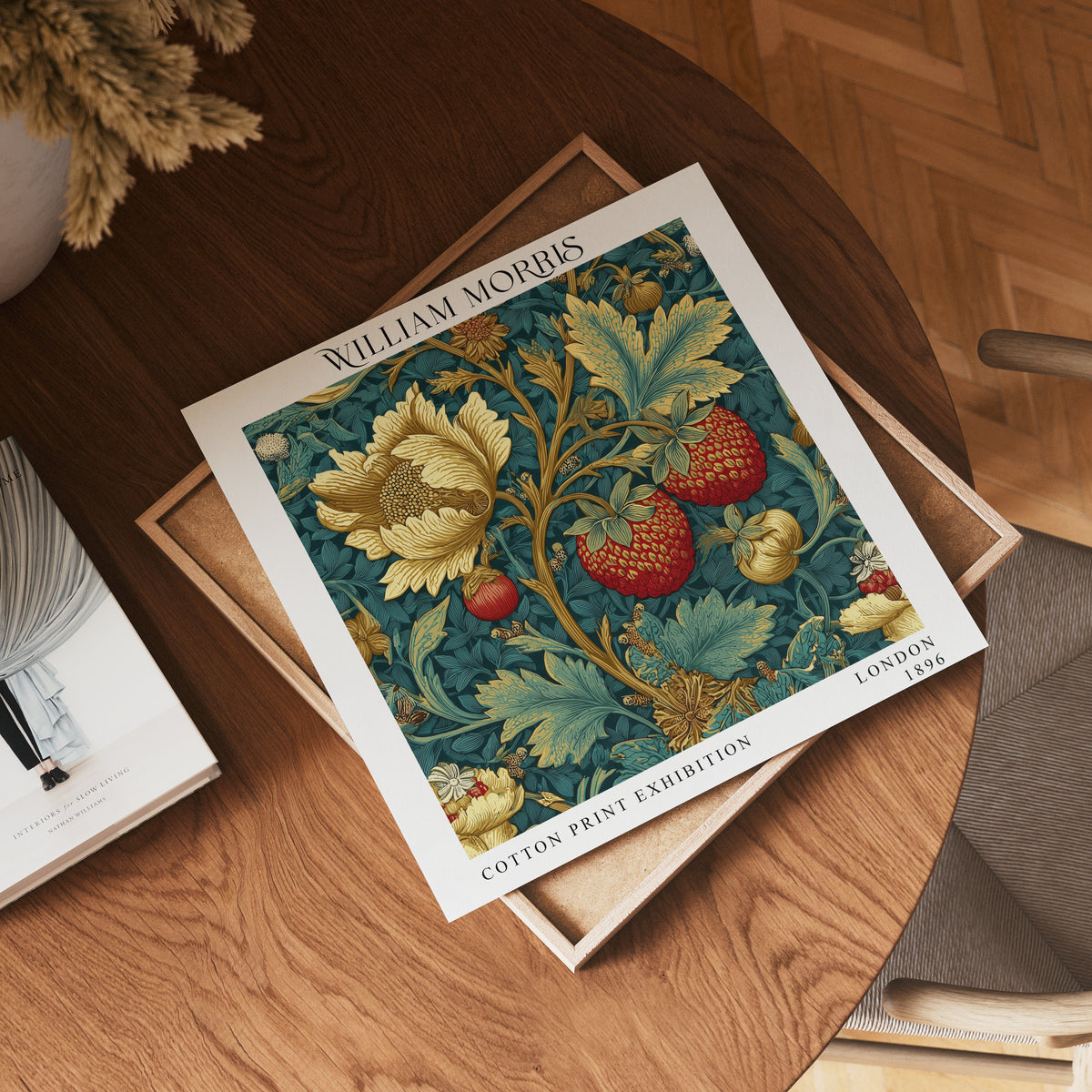 William Morris Style Strawberry & Gold Floral Print – Teal Botanical Square Wall Art