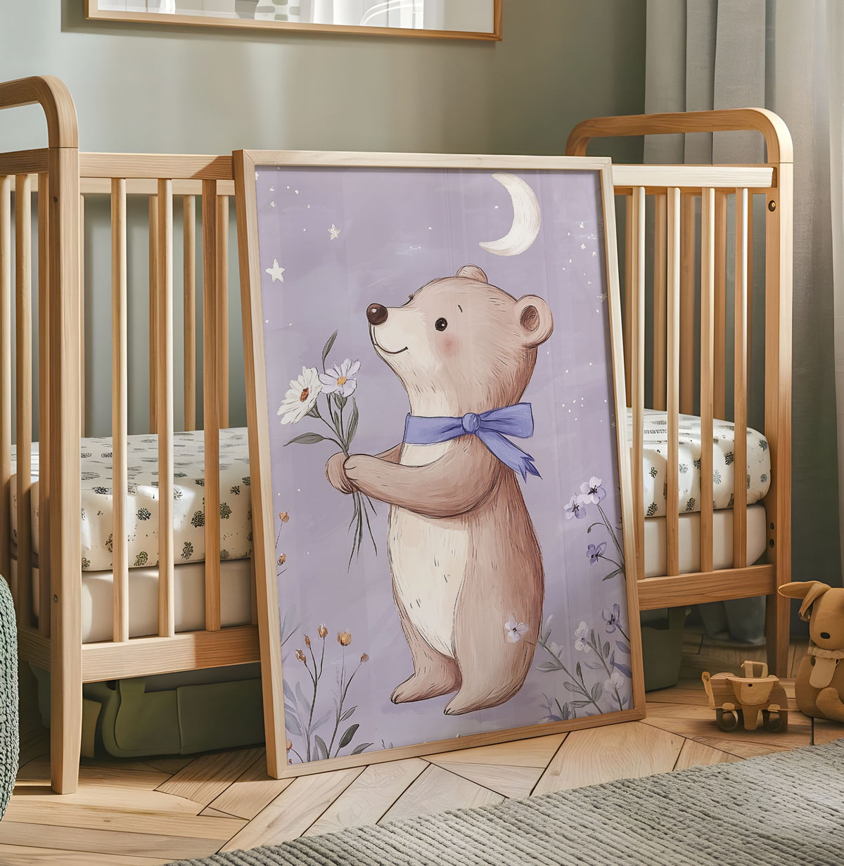 Cute teddy bear holding flowers nursery wall art with crescent moon and purple background