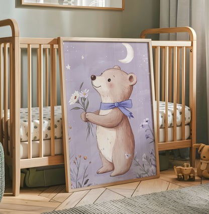 Cute teddy bear holding flowers nursery wall art with crescent moon and purple background