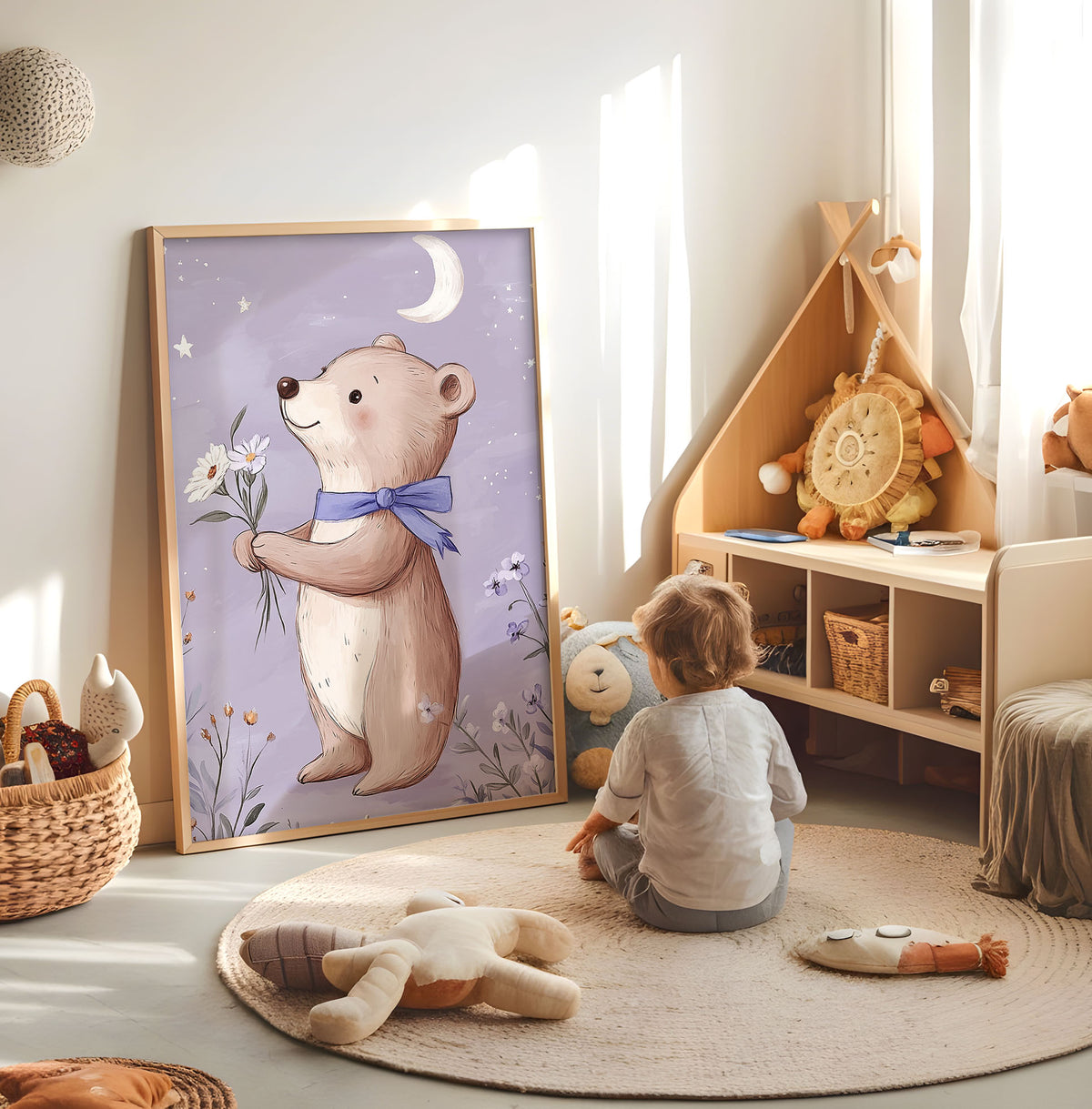 Purple teddy bear nursery print displayed in a bright child's room