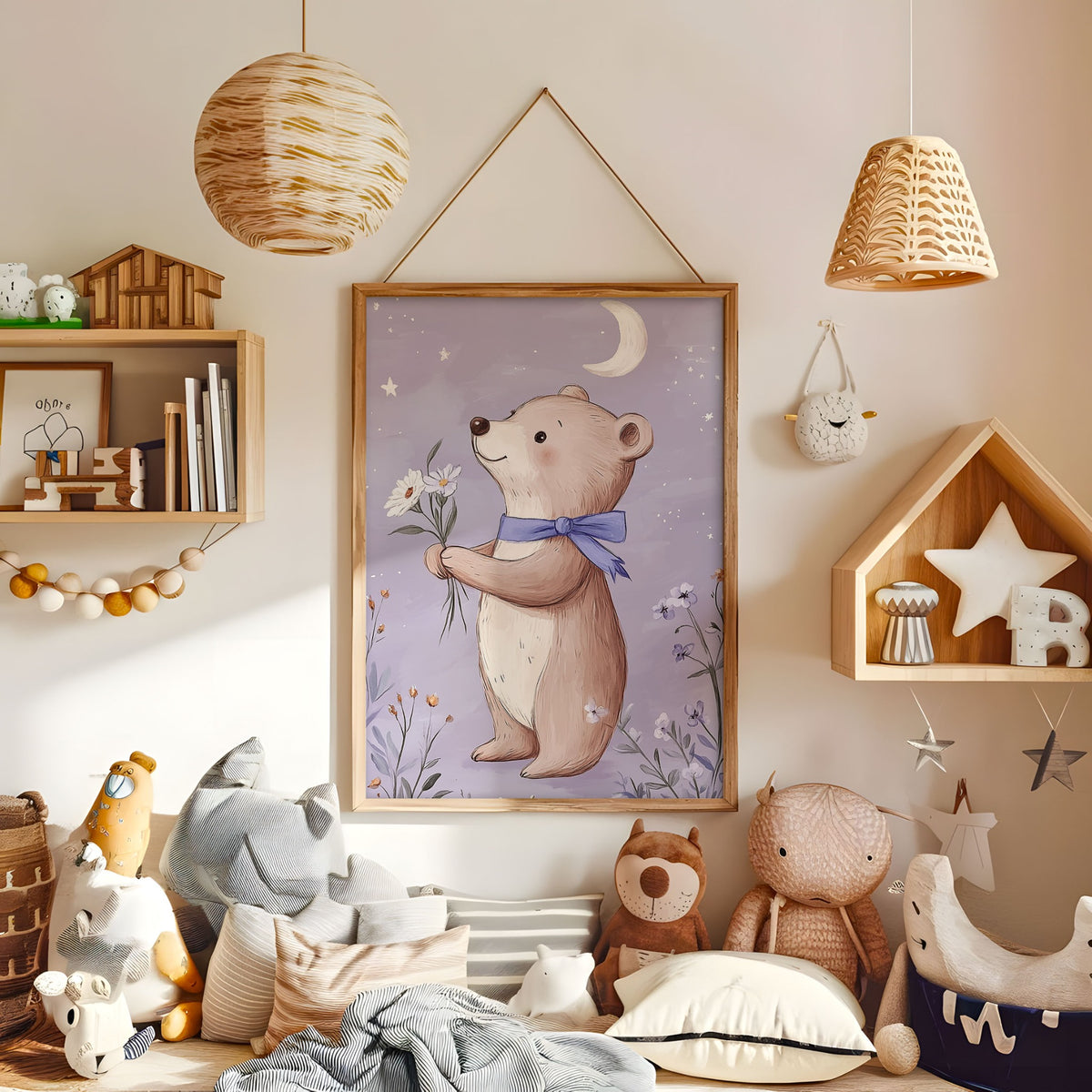 Cute teddy bear with flowers and moon wall art displayed in a warm kids bedroom
