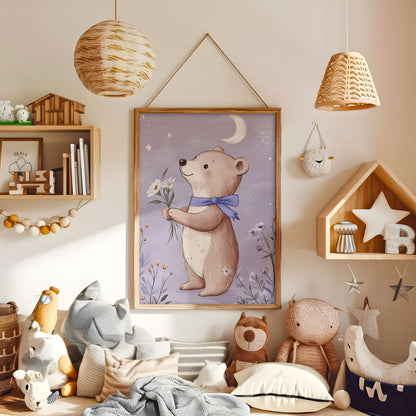 Cute teddy bear with flowers and moon wall art displayed in a warm kids bedroom