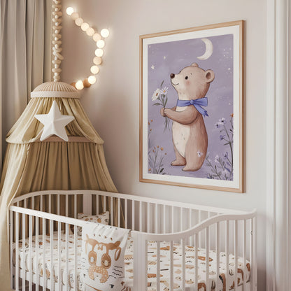Purple teddy bear floral nursery wall art displayed above a cot