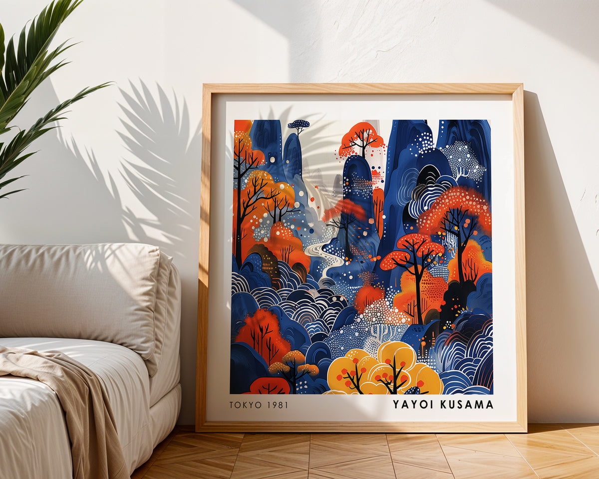 Yayoi Kusama Inspired Blue & Orange Mountain Print | Japanese Autumn Landscape Wall Art