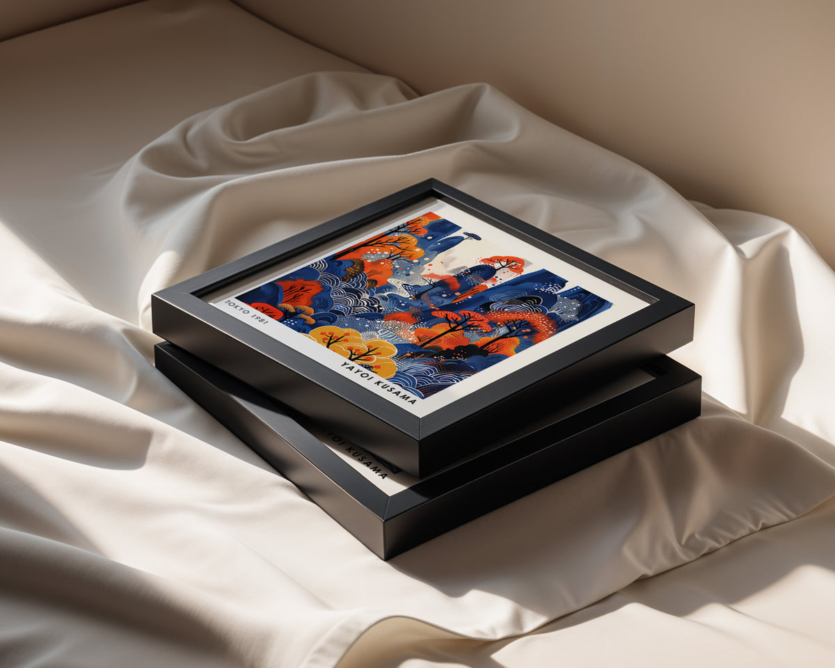 Yayoi Kusama Inspired Blue & Orange Mountain Print | Japanese Autumn Landscape Wall Art