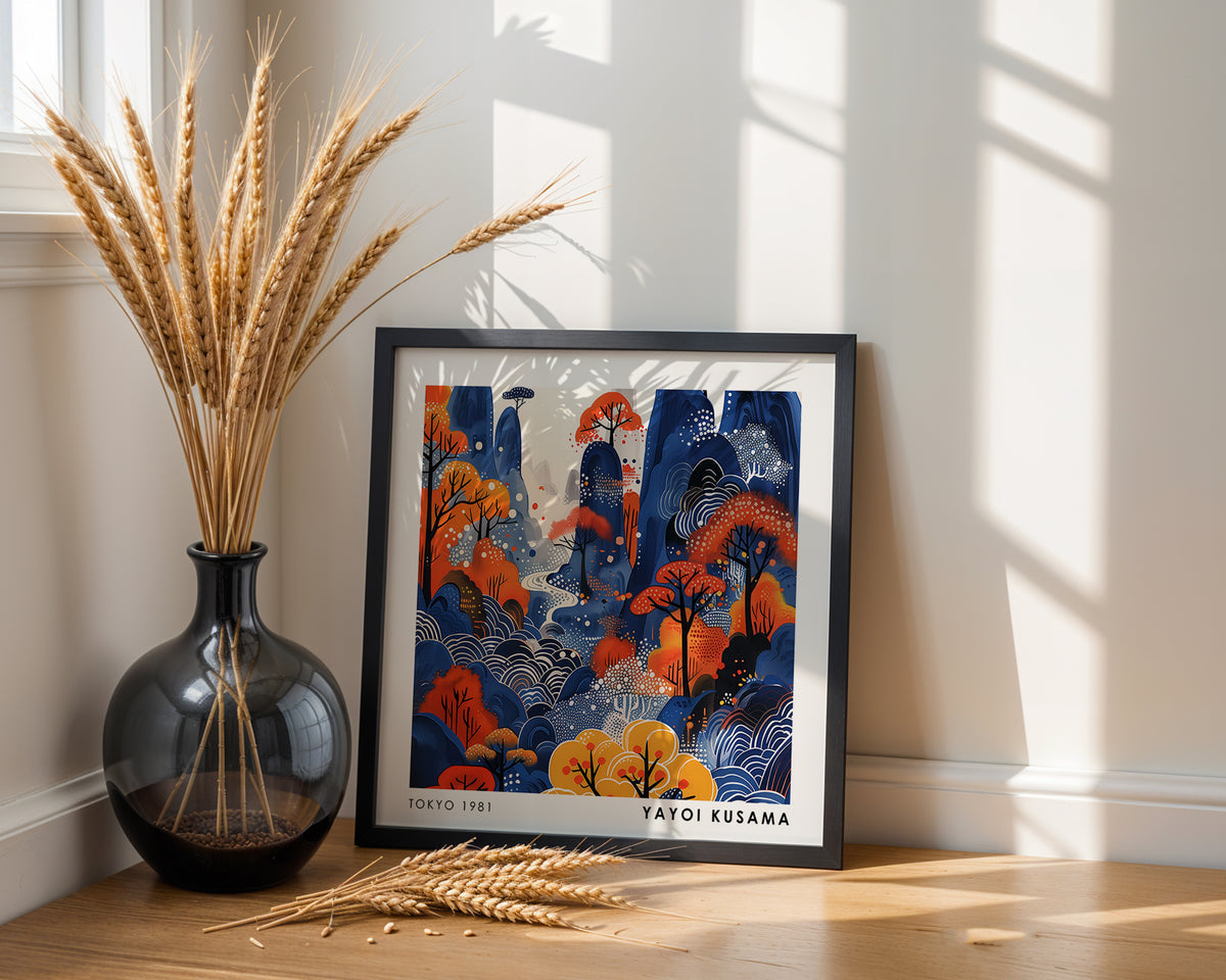 Yayoi Kusama Inspired Blue & Orange Mountain Print | Japanese Autumn Landscape Wall Art
