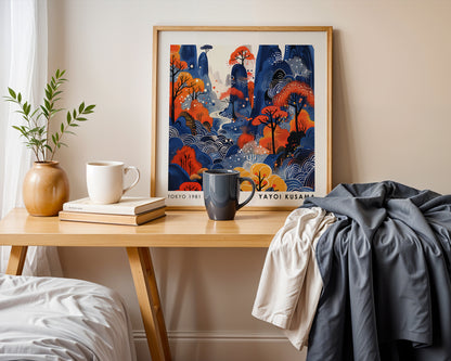 Yayoi Kusama Inspired Blue & Orange Mountain Print | Japanese Autumn Landscape Wall Art