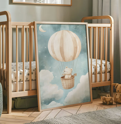 Teddy bear hot air balloon nursery wall art with moon clouds and soft blue sky