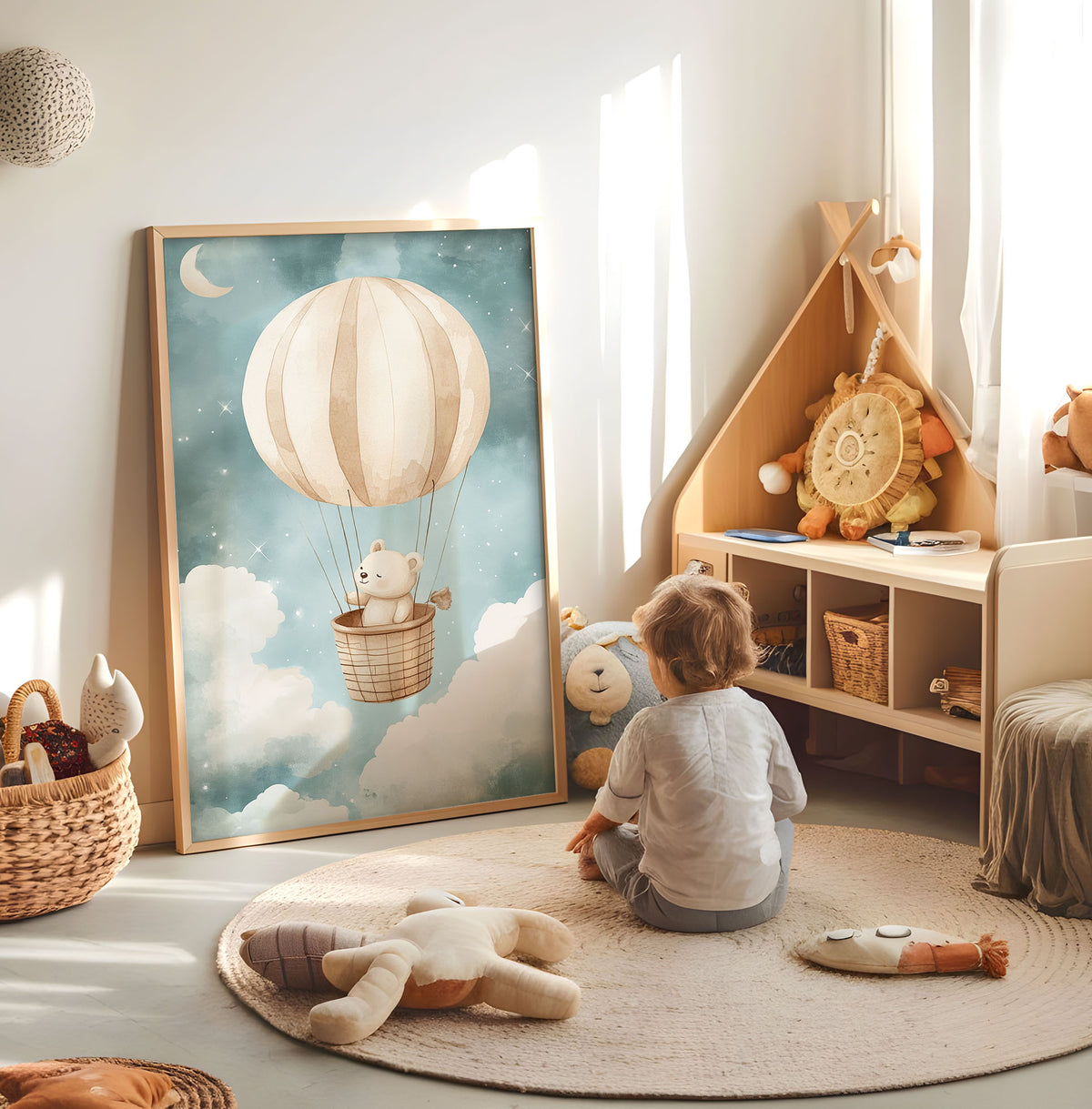 Teddy bear hot air balloon nursery print displayed in a bright child's room