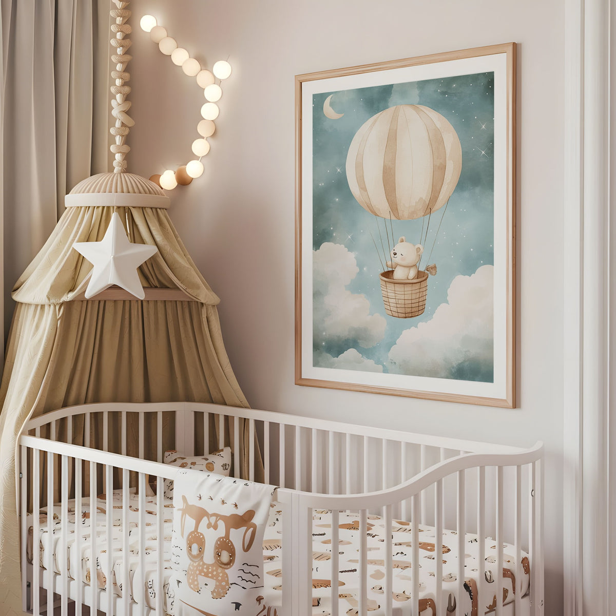 Teddy bear hot air balloon nursery wall art displayed above a cot