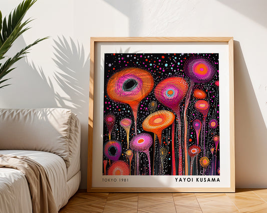 Yayoi Kusama Inspired Neon Abstract Flower Print | Psychedelic Polka Dot Wall Art